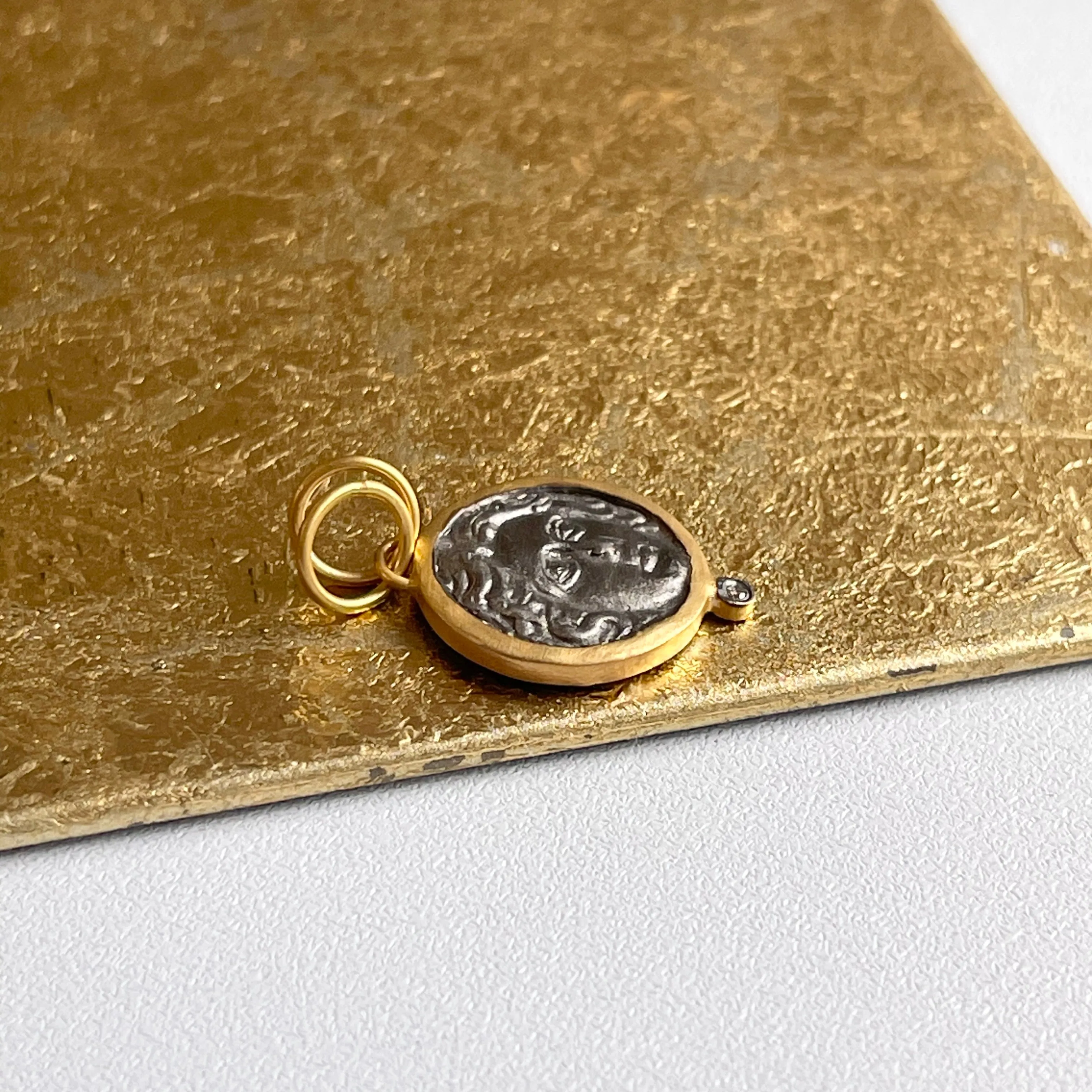 24KT Yellow Gold Infused   Sterling Silver Replica Roman Diamond Coin Pendant