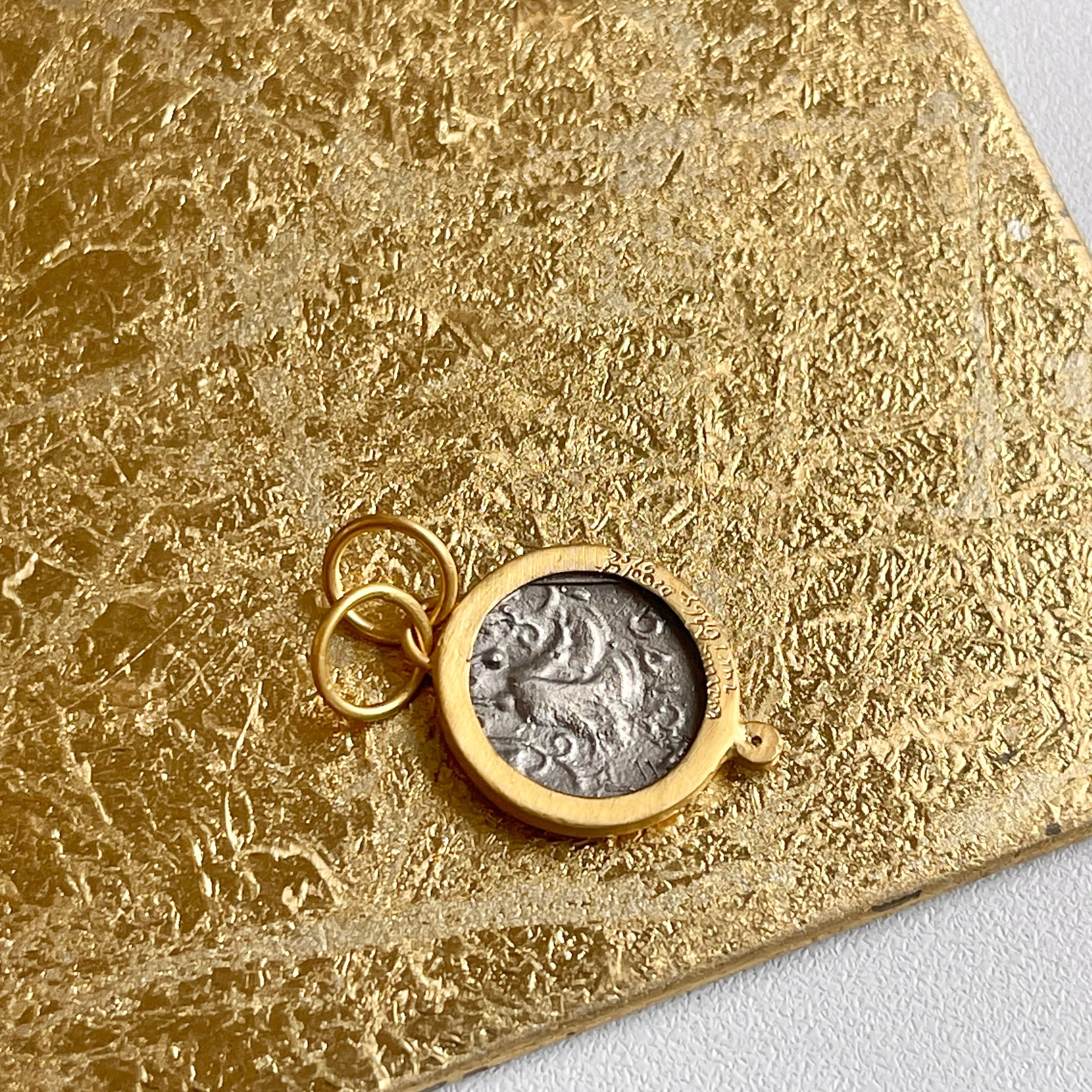 24KT Yellow Gold Infused   Sterling Silver Replica Roman Diamond Coin Pendant