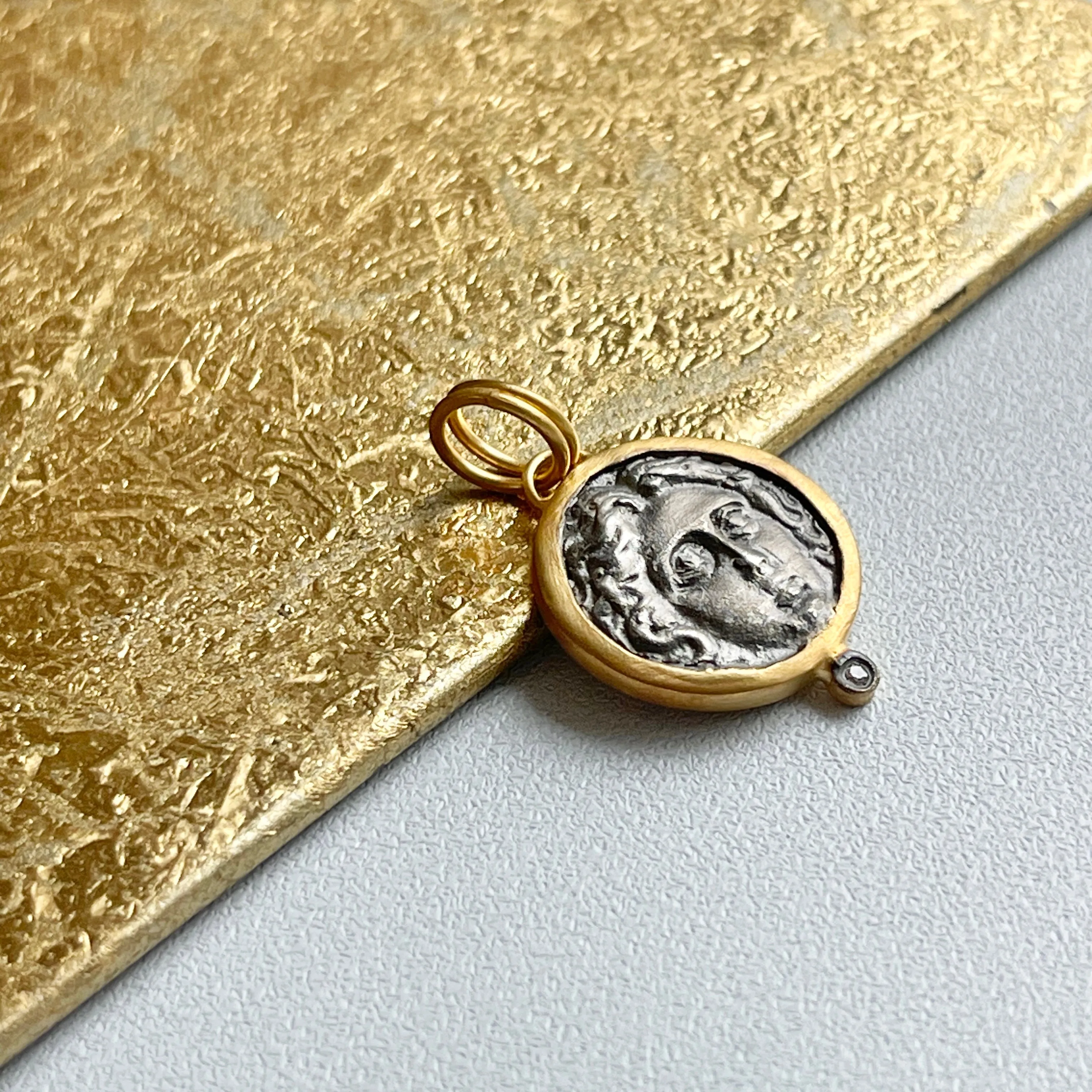 24KT Yellow Gold Infused   Sterling Silver Replica Roman Diamond Coin Pendant