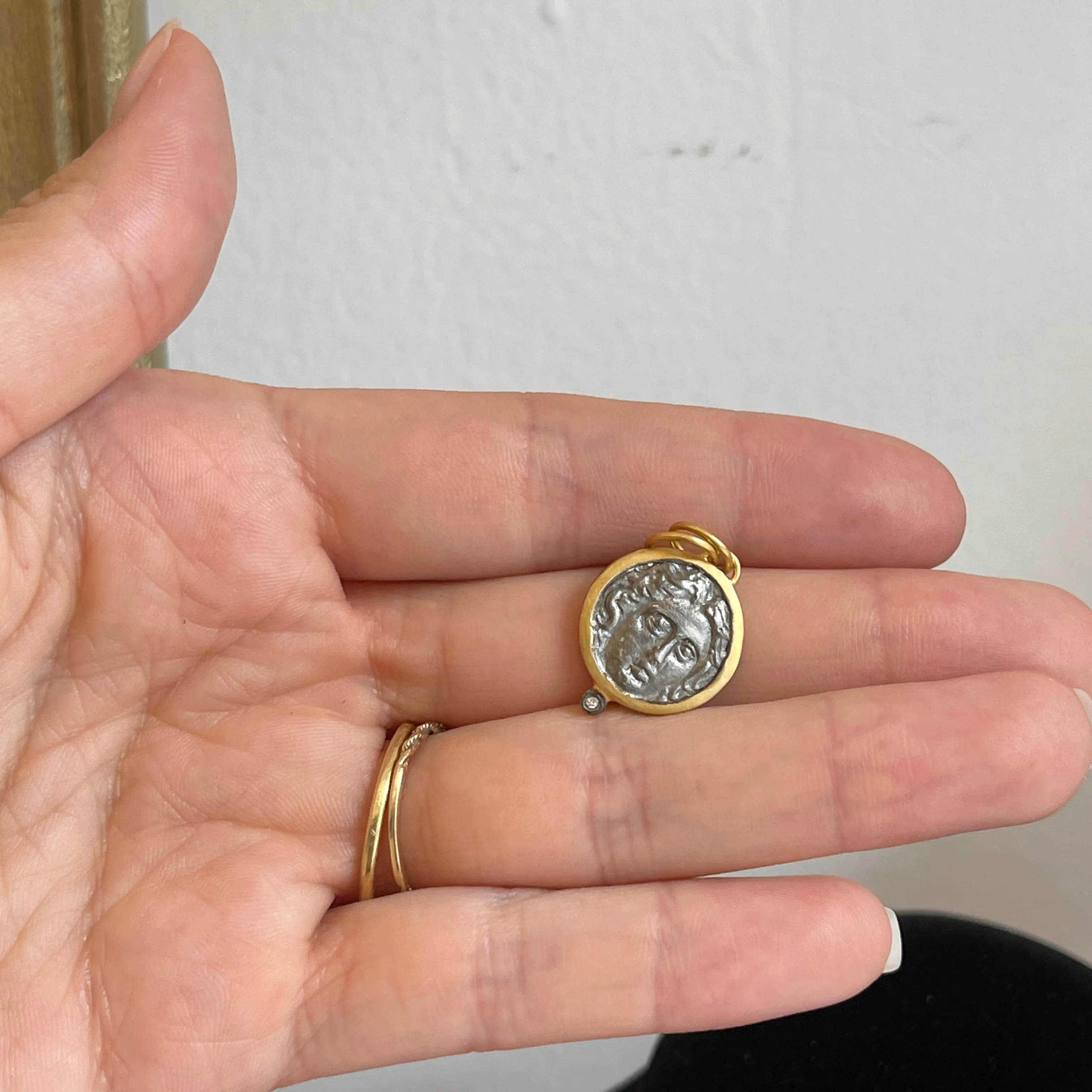 24KT Yellow Gold Infused   Sterling Silver Replica Roman Diamond Coin Pendant