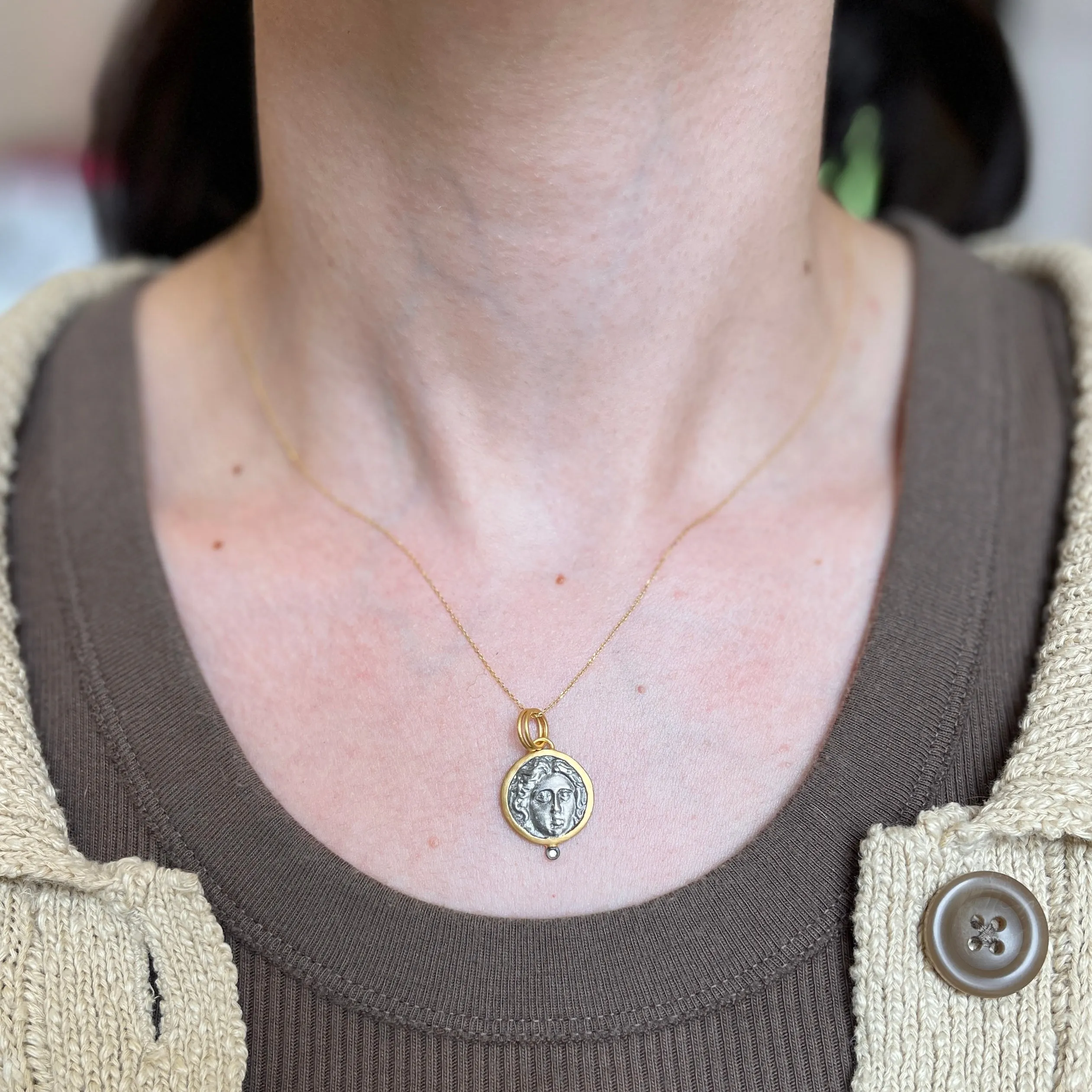 24KT Yellow Gold Infused   Sterling Silver Replica Roman Diamond Coin Pendant