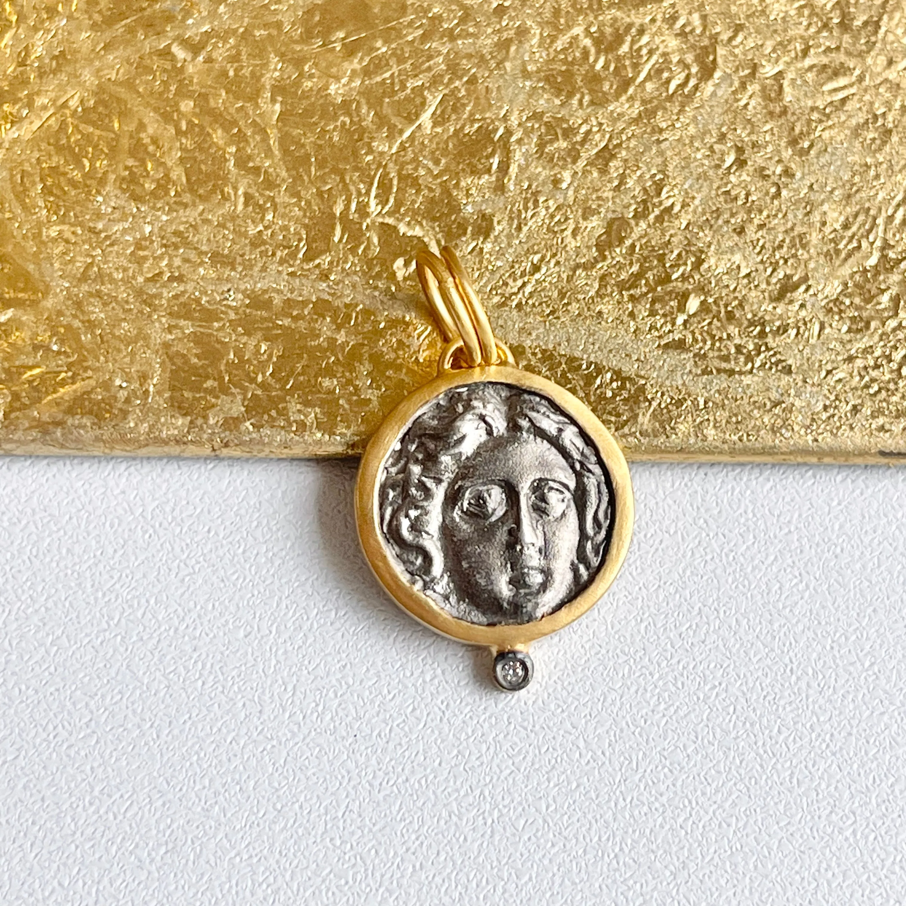 24KT Yellow Gold Infused   Sterling Silver Replica Roman Diamond Coin Pendant