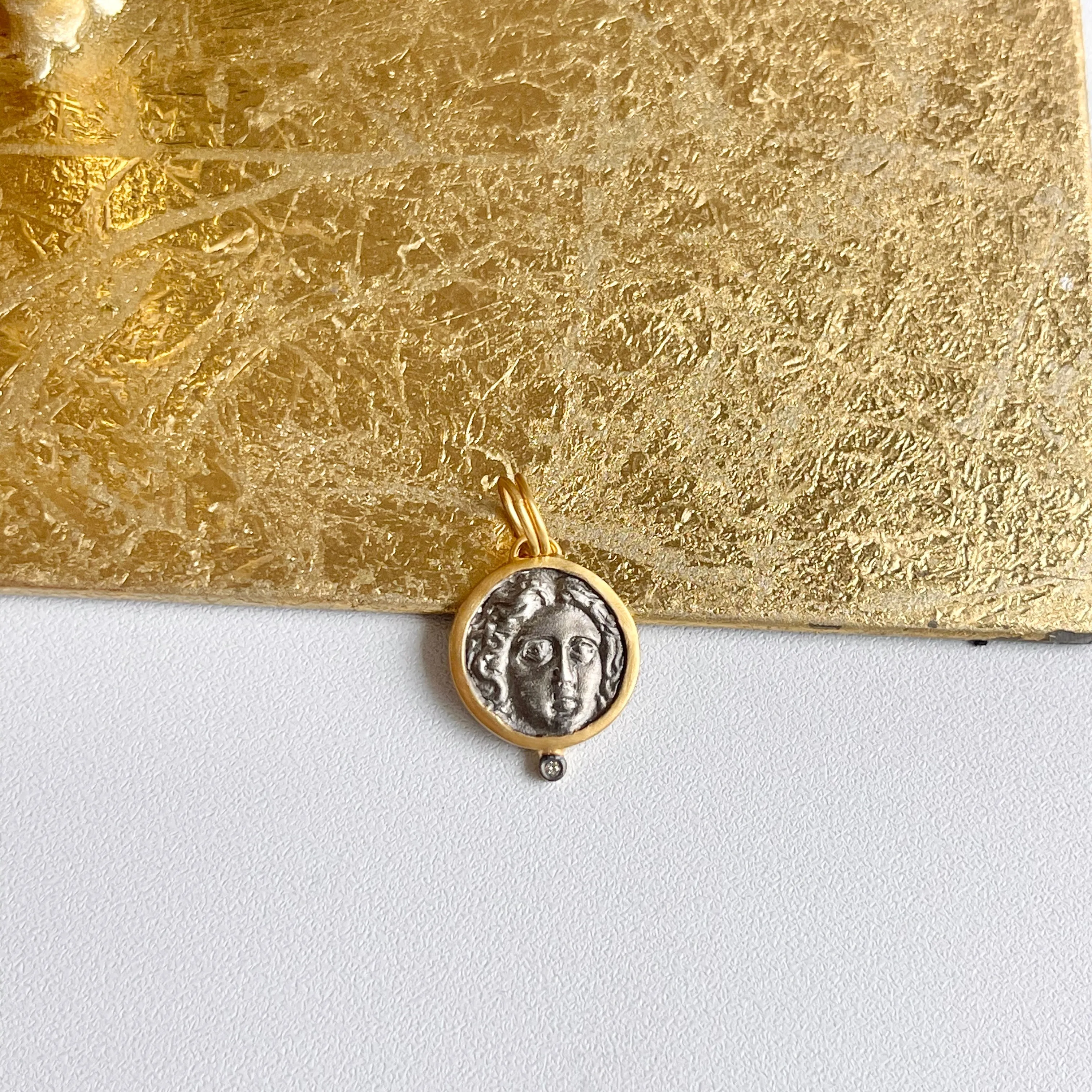 24KT Yellow Gold Infused   Sterling Silver Replica Roman Diamond Coin Pendant