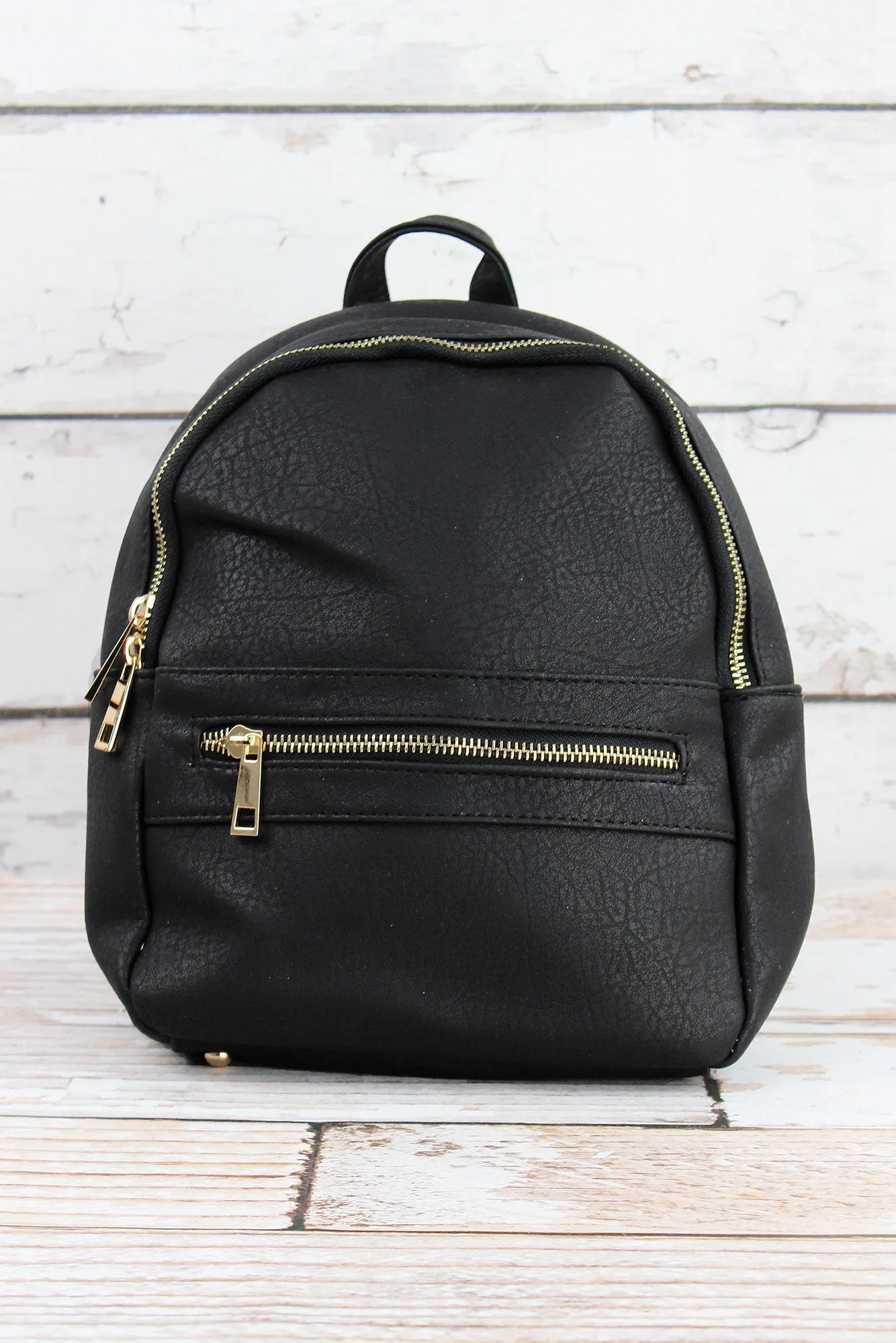 Black Faux Leather Small Backpack