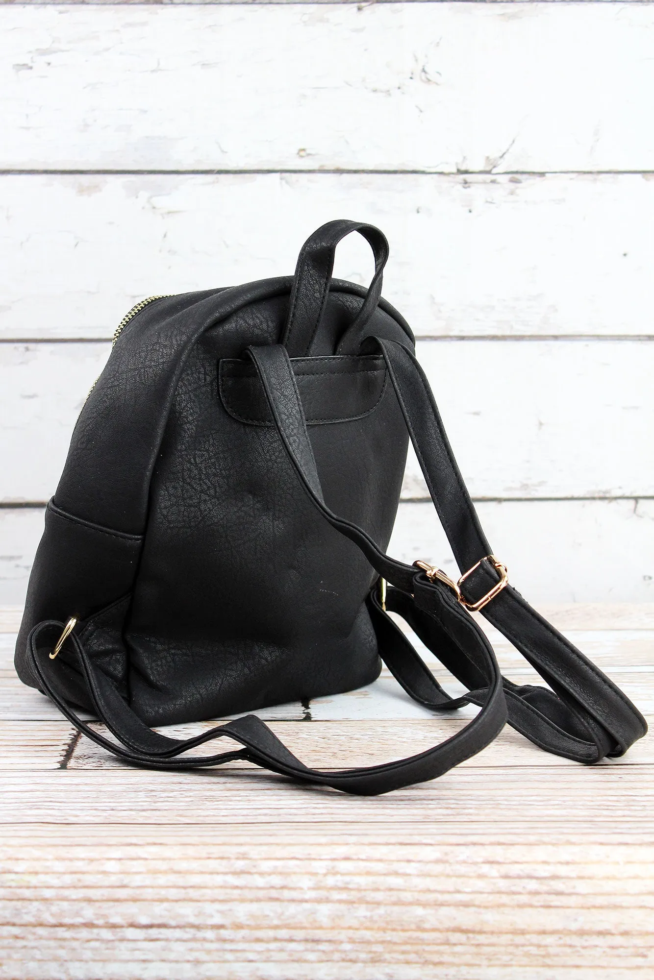 Black Faux Leather Small Backpack