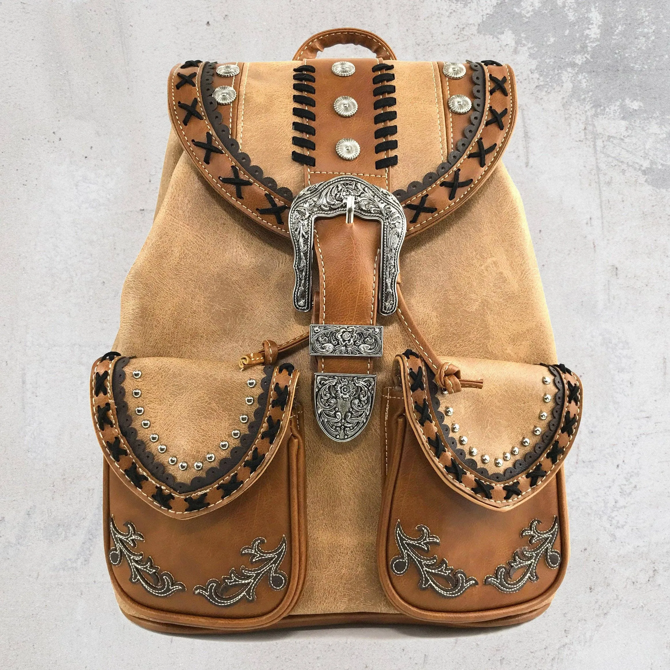 Brown Western Leather Buckle Backpack: