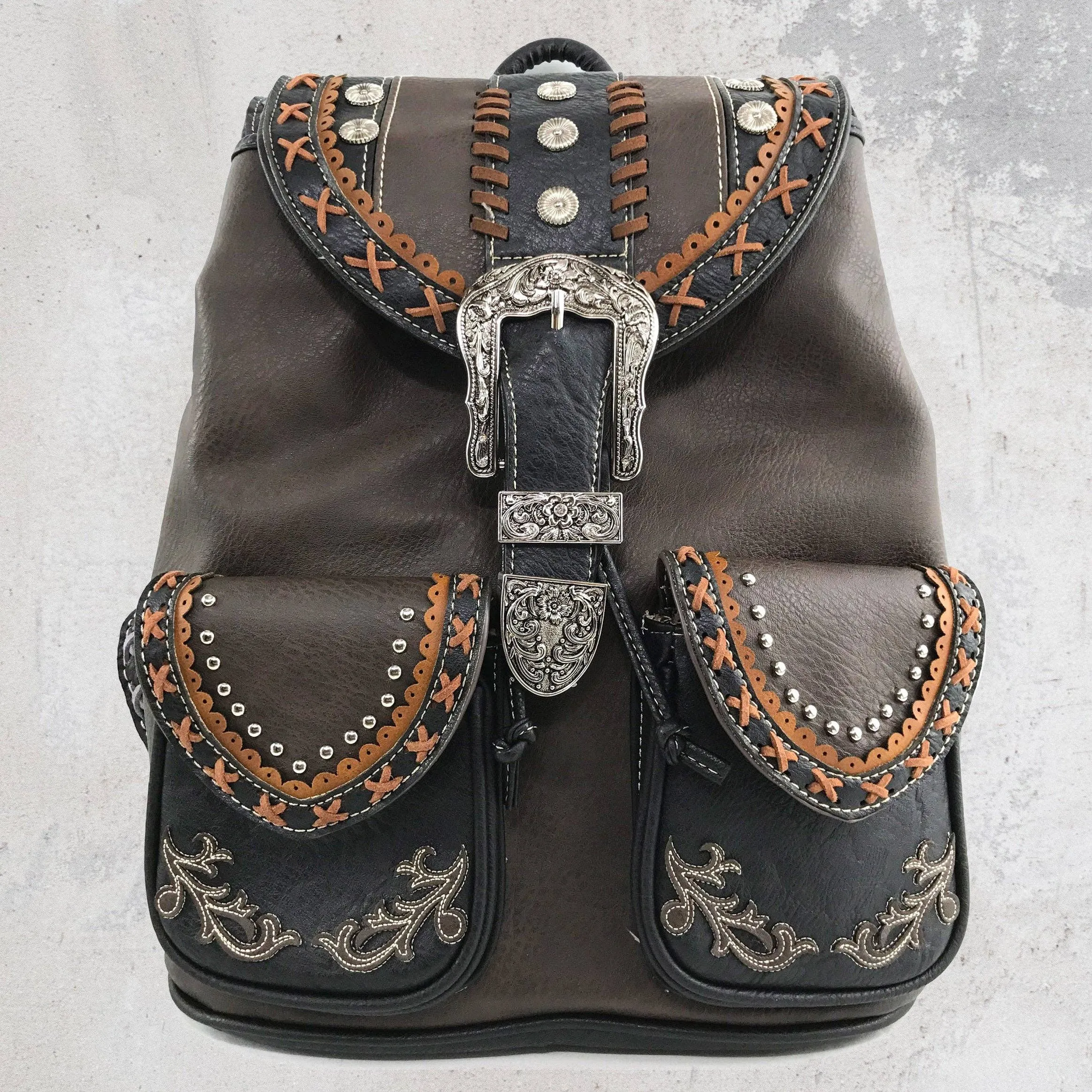 Brown Western Leather Buckle Backpack: