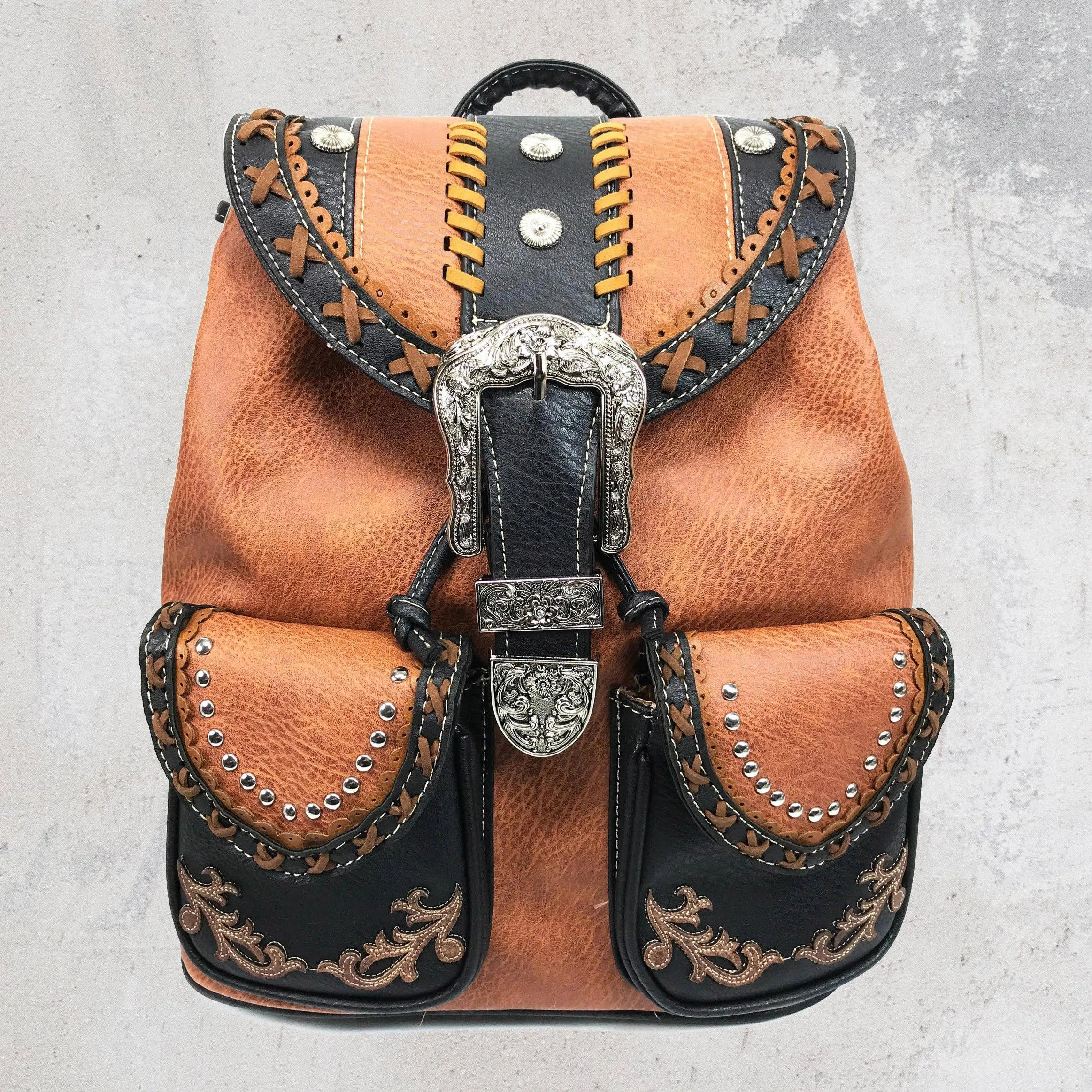 Brown Western Leather Buckle Backpack: