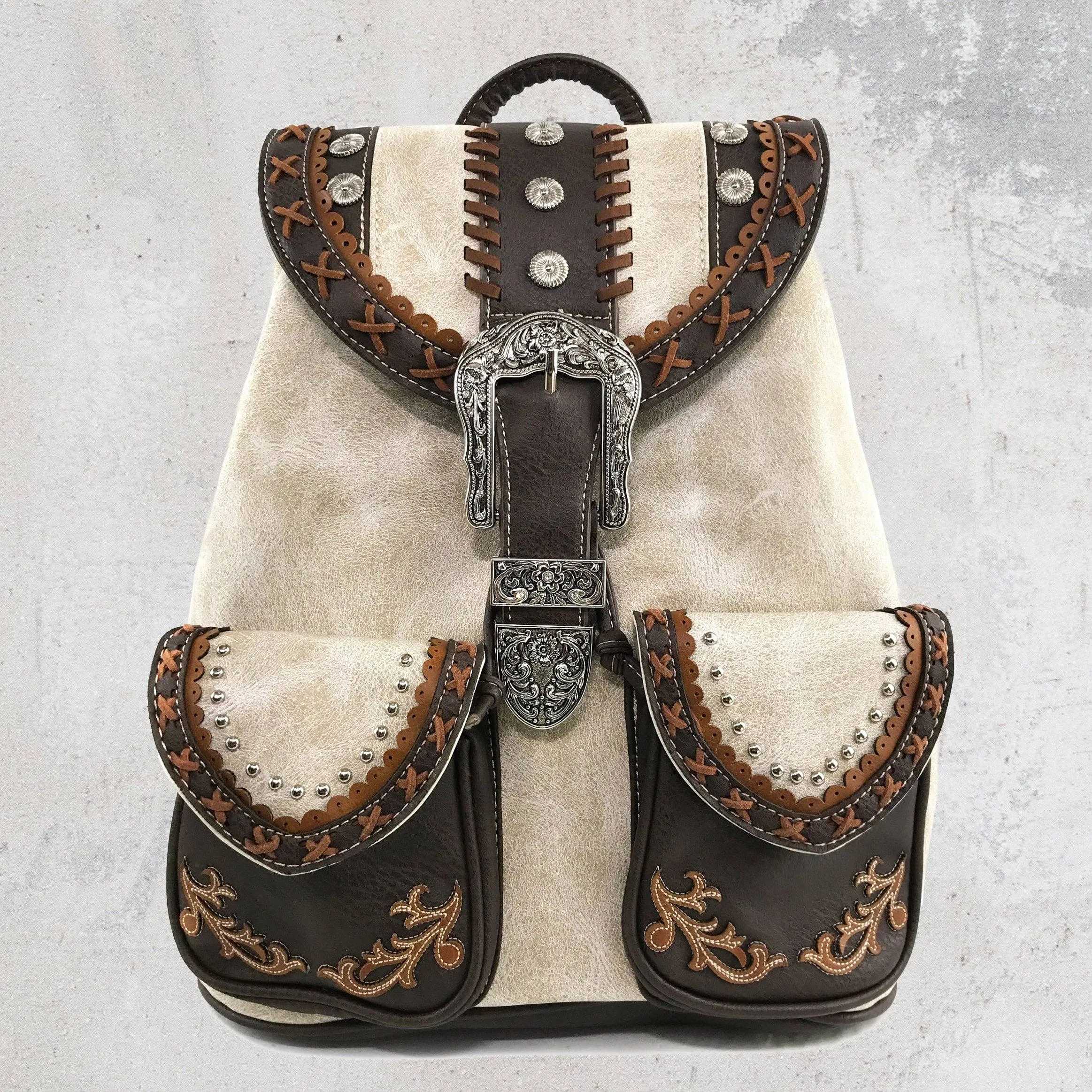 Brown Western Leather Buckle Backpack: