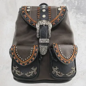 Brown Western Leather Buckle Backpack: