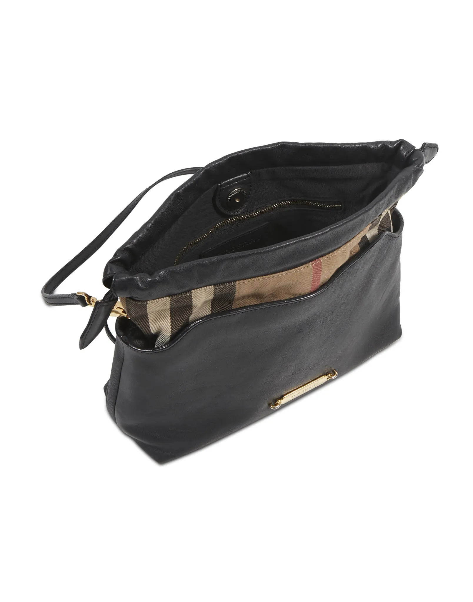 Burberry Black Leather and Check Little Crush Drawstring Shoulder Bag