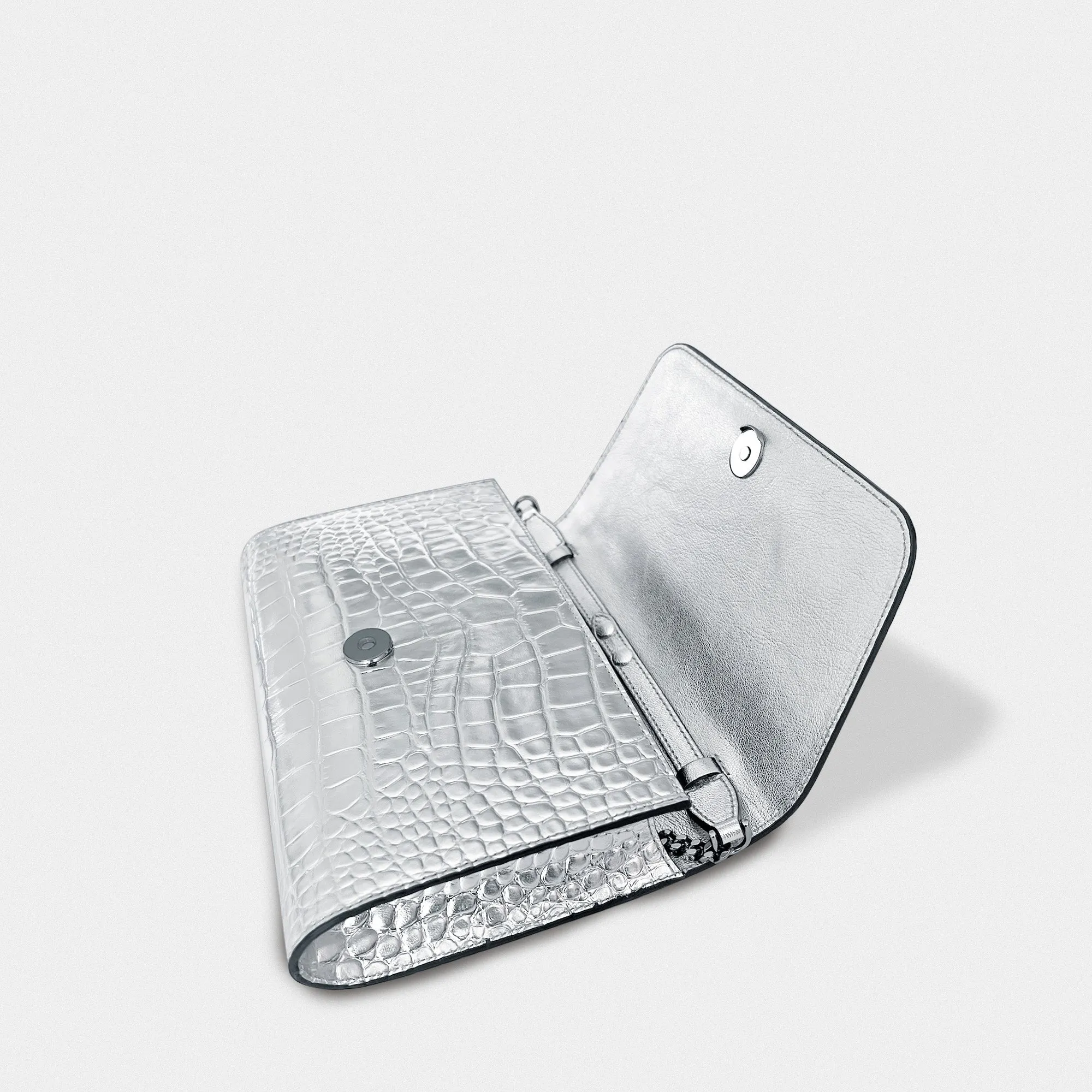 Cali embossed croc clutch silver