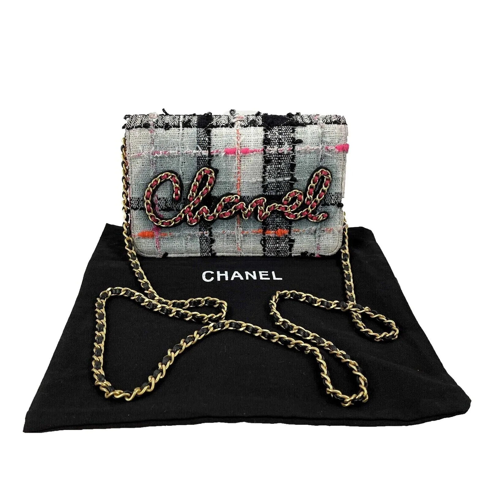 CHANEL - 2019 Tweed Pink / Orange / Gold 'Chanel' Wallet on Chain / Crossbody