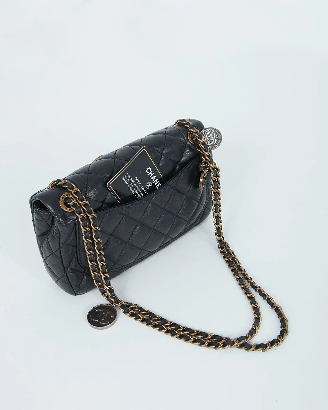 Chanel Black Aged Calfskin Coin Medallion Mini Flap Bag