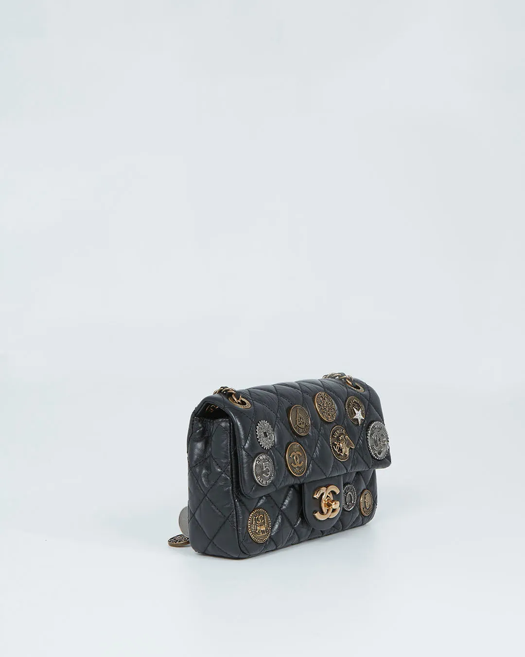 Chanel Black Aged Calfskin Coin Medallion Mini Flap Bag
