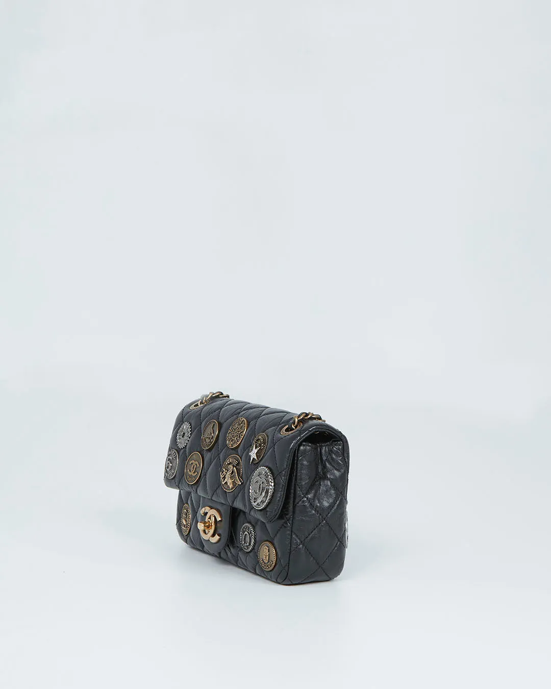 Chanel Black Aged Calfskin Coin Medallion Mini Flap Bag
