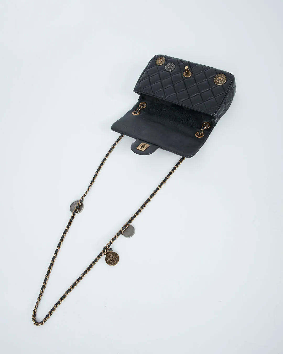 Chanel Black Aged Calfskin Coin Medallion Mini Flap Bag