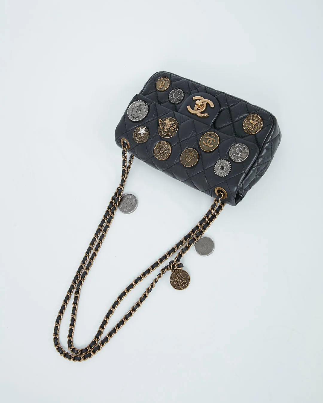 Chanel Black Aged Calfskin Coin Medallion Mini Flap Bag