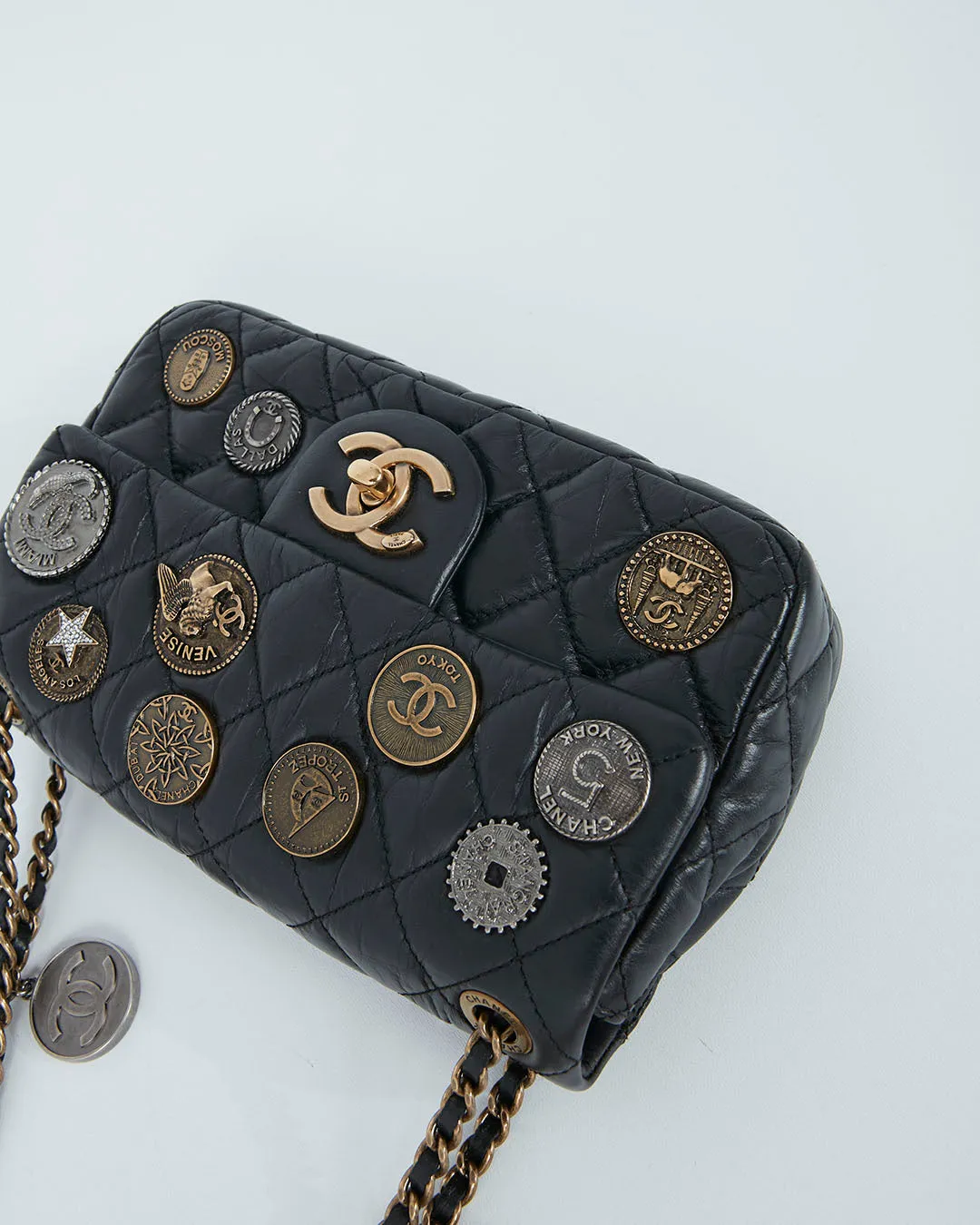 Chanel Black Aged Calfskin Coin Medallion Mini Flap Bag