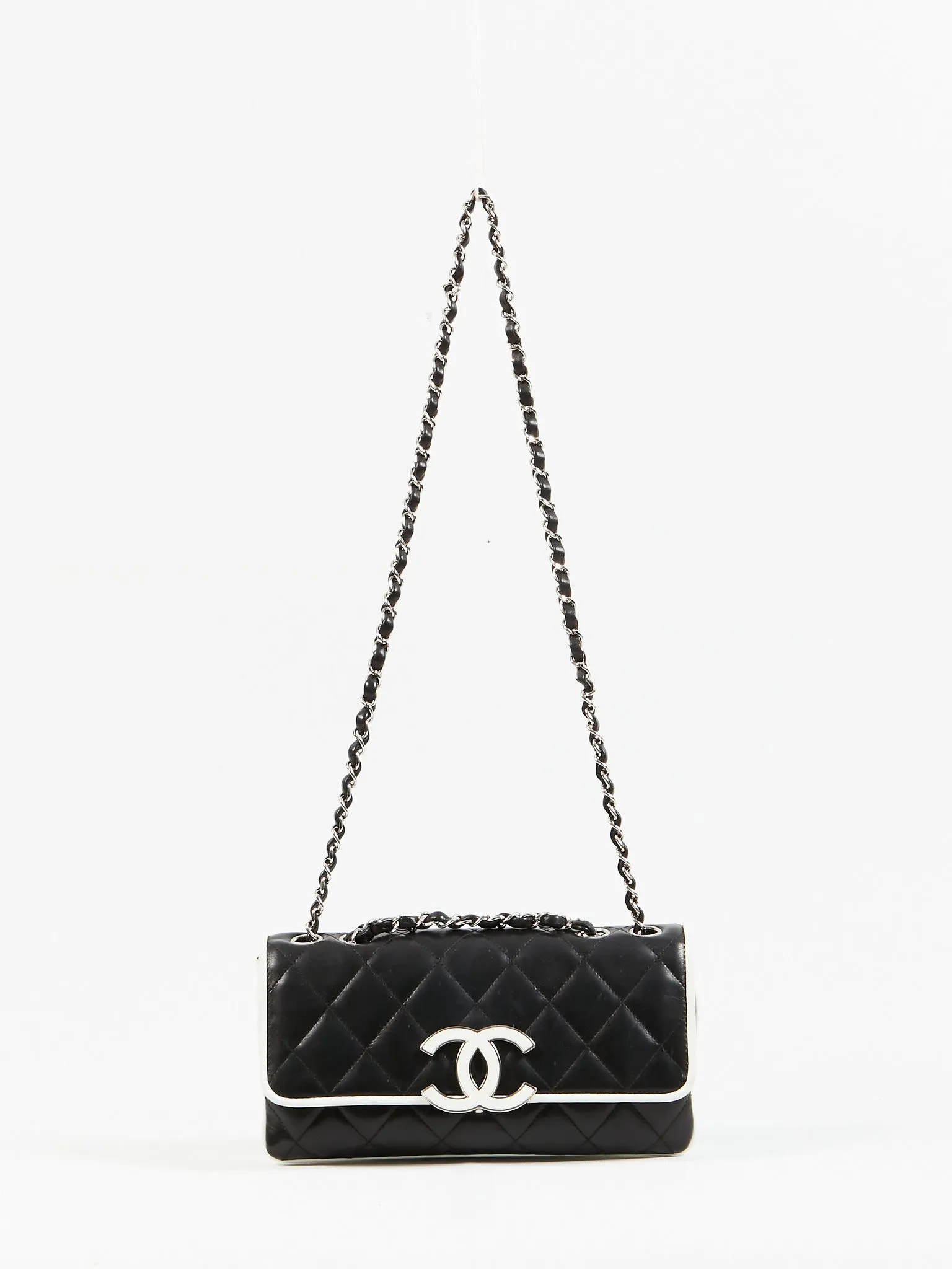 Chanel Black/White Lambskin Fliplock CC Flap Shoulder Bag SHW