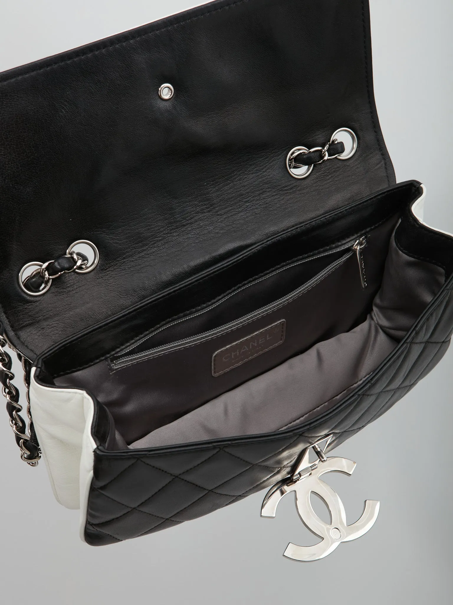 Chanel Black/White Lambskin Fliplock CC Flap Shoulder Bag SHW