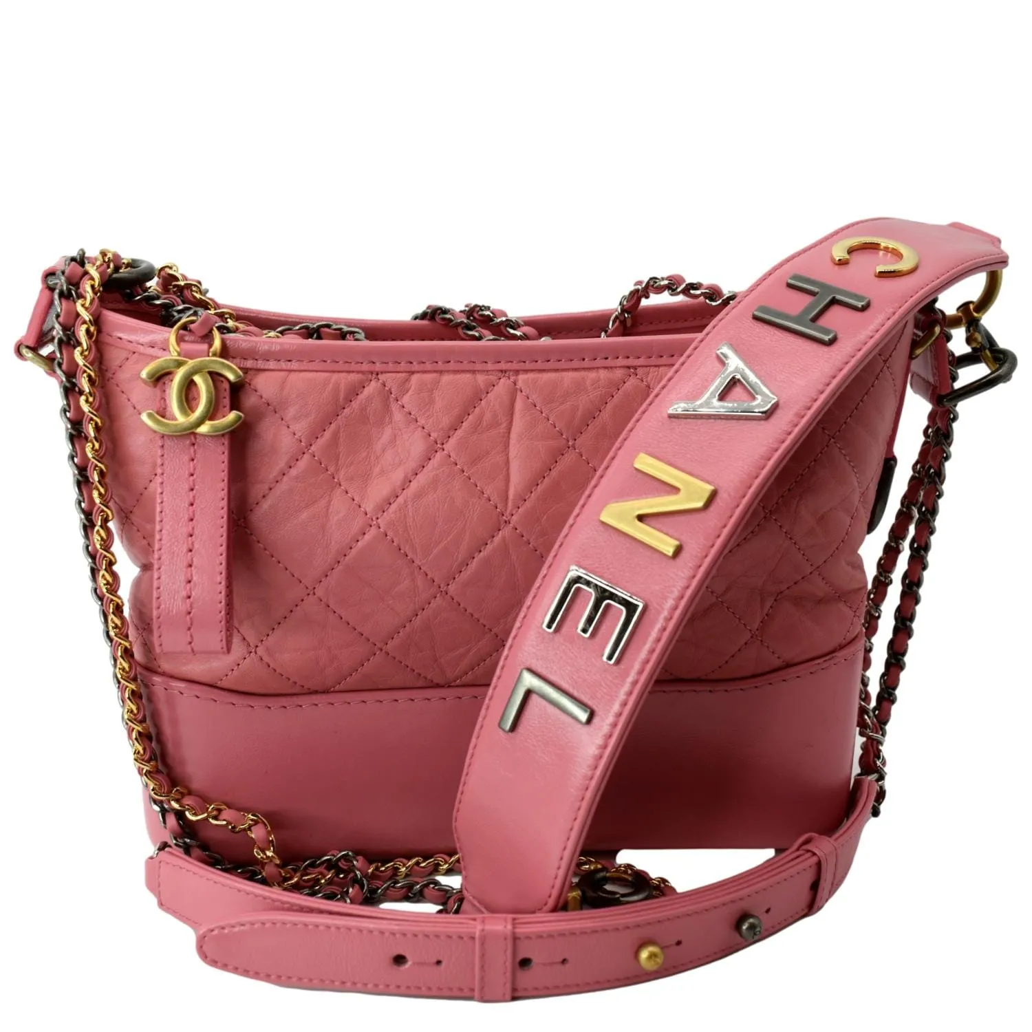 CHANEL Gabrielle Small Aged Calfskin Leather Hobo Crossbody Bag Pink