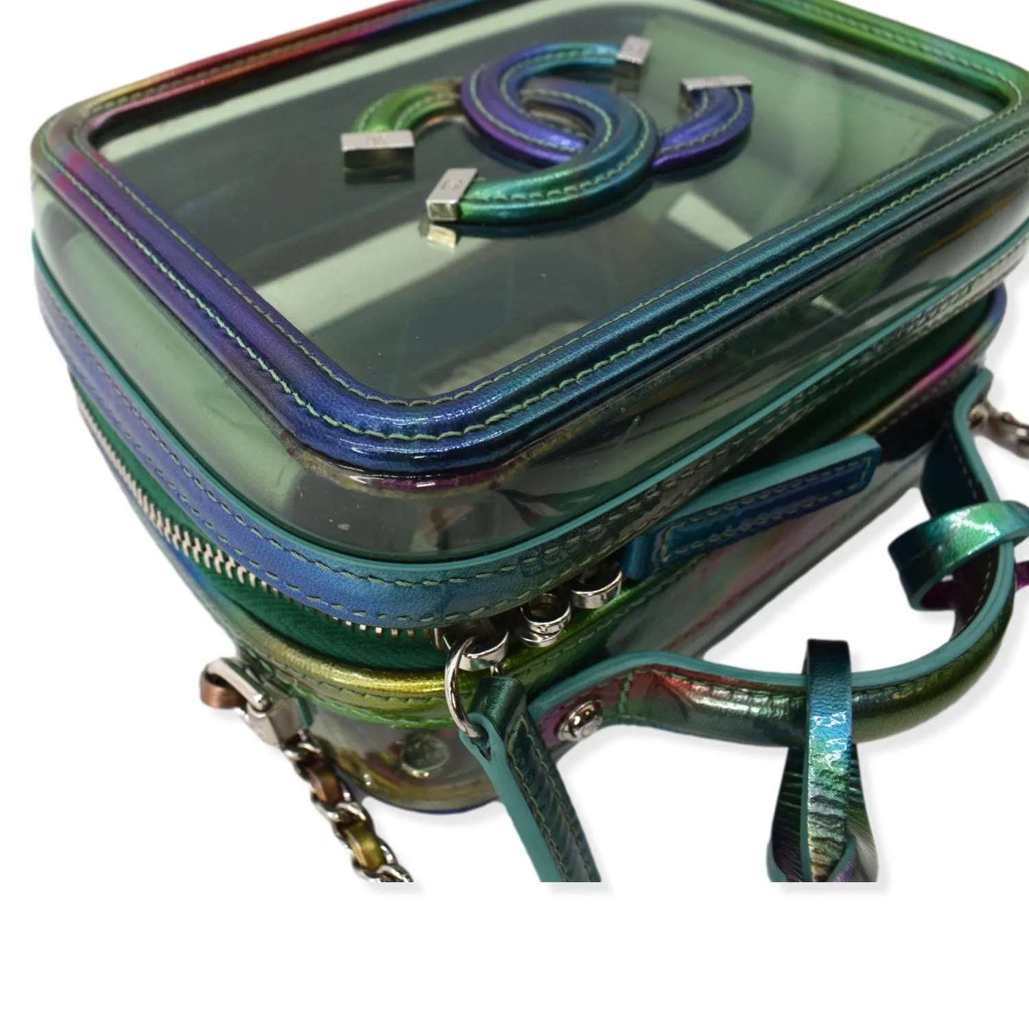 CHANEL Vanity Case Small Filigree Rainbow Patent Leather Crossbody Bag Green - Hot Deals