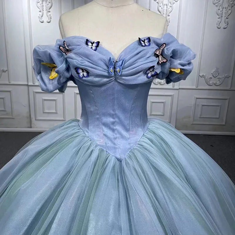 Chic Bubble Sleeves Ball Gown Off-the-shoulder Quinceanera Dresses with Butterfly Appliques