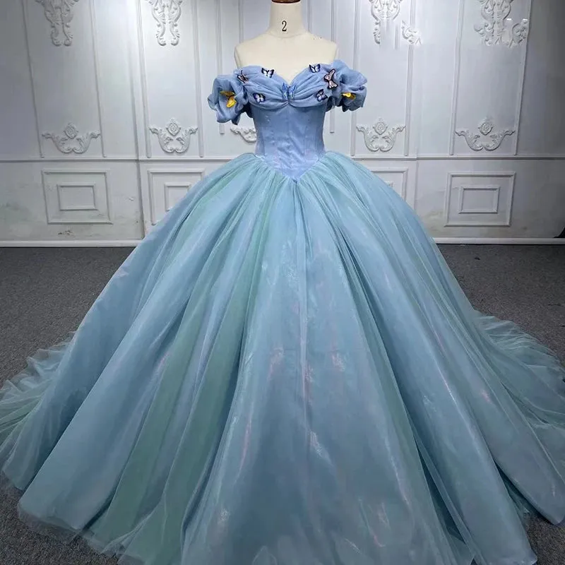 Chic Bubble Sleeves Ball Gown Off-the-shoulder Quinceanera Dresses with Butterfly Appliques