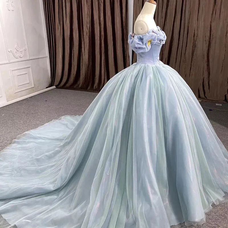 Chic Bubble Sleeves Ball Gown Off-the-shoulder Quinceanera Dresses with Butterfly Appliques