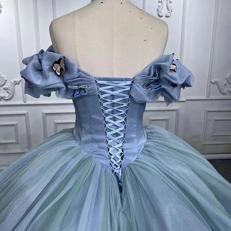 Chic Bubble Sleeves Ball Gown Off-the-shoulder Quinceanera Dresses with Butterfly Appliques