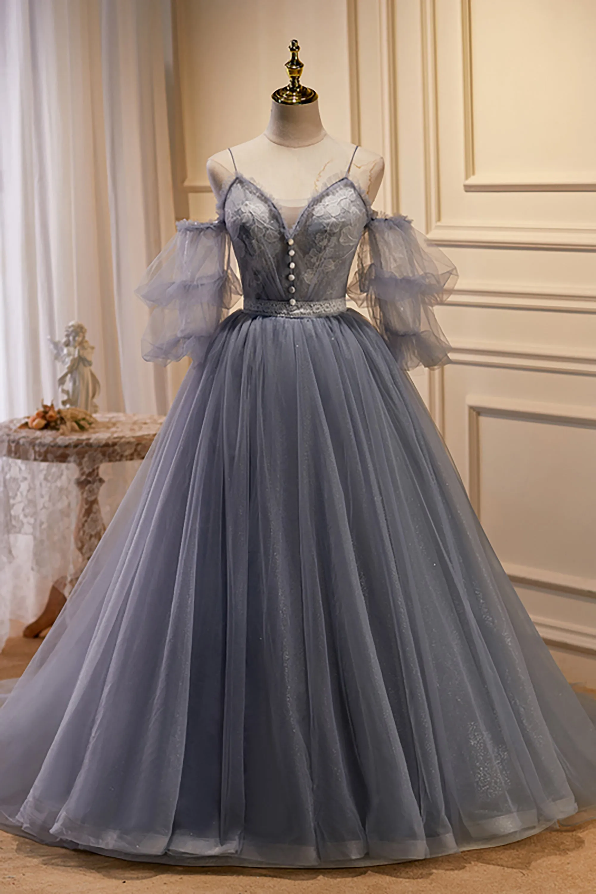 Chic Grey with Sleeves A Line Tulle Ball Gown Prom Dresses