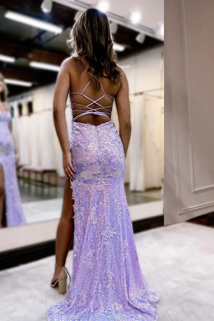 Chic Lilac Spaghetti Straps Sequin Lace Long Prom Dress with Slit