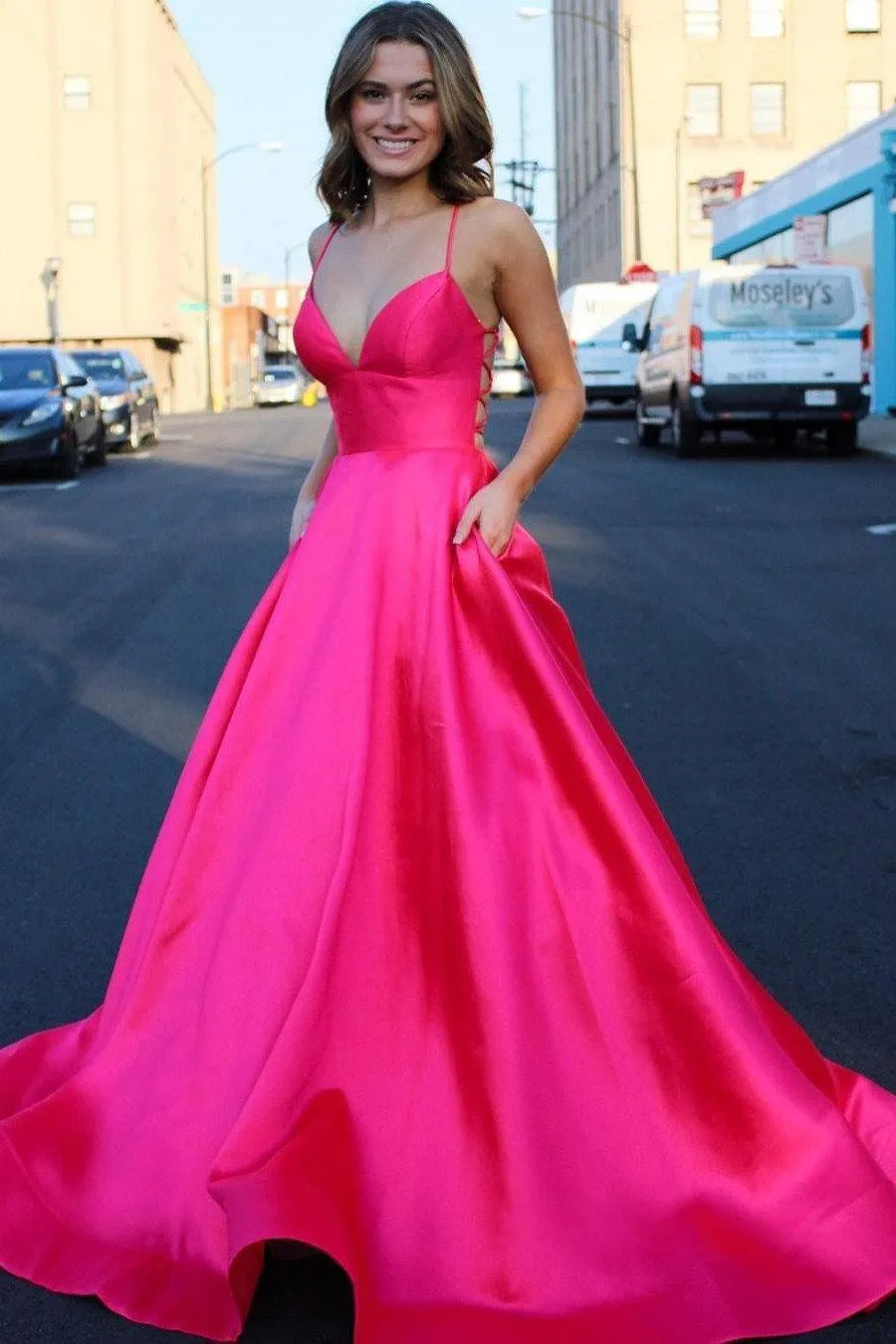 Chic Sleeveless A-line Spaghetti Straps Backless Long Prom Dresses