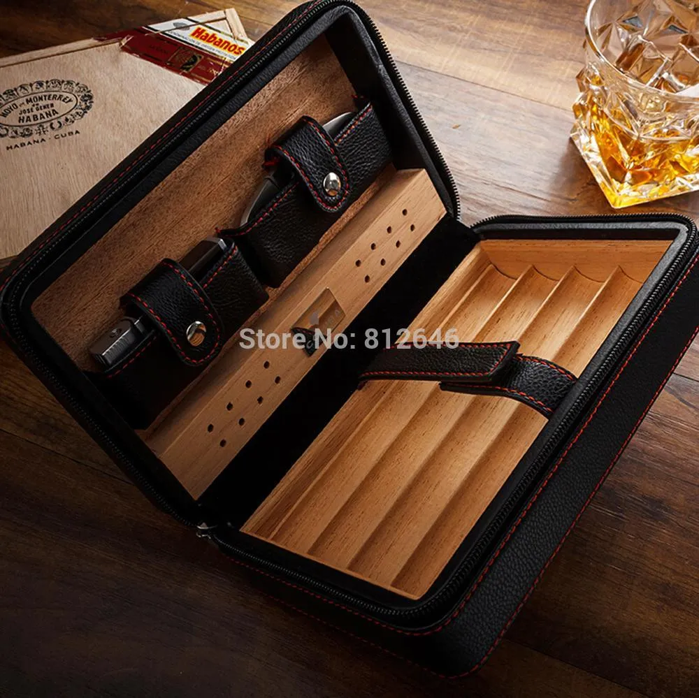 Cigar Aficionados Spanish Cedar Leather Travel Case Humidor with Humidifier