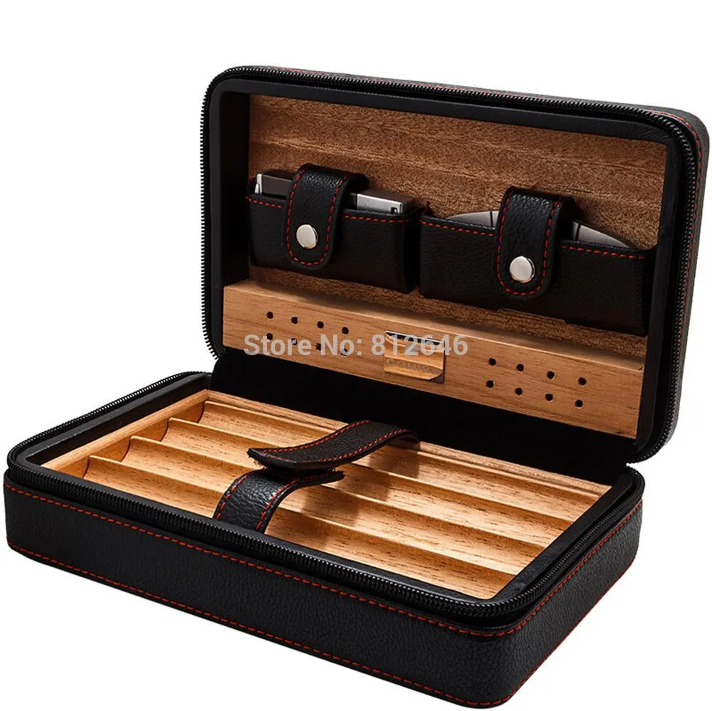 Cigar Aficionados Spanish Cedar Leather Travel Case Humidor with Humidifier