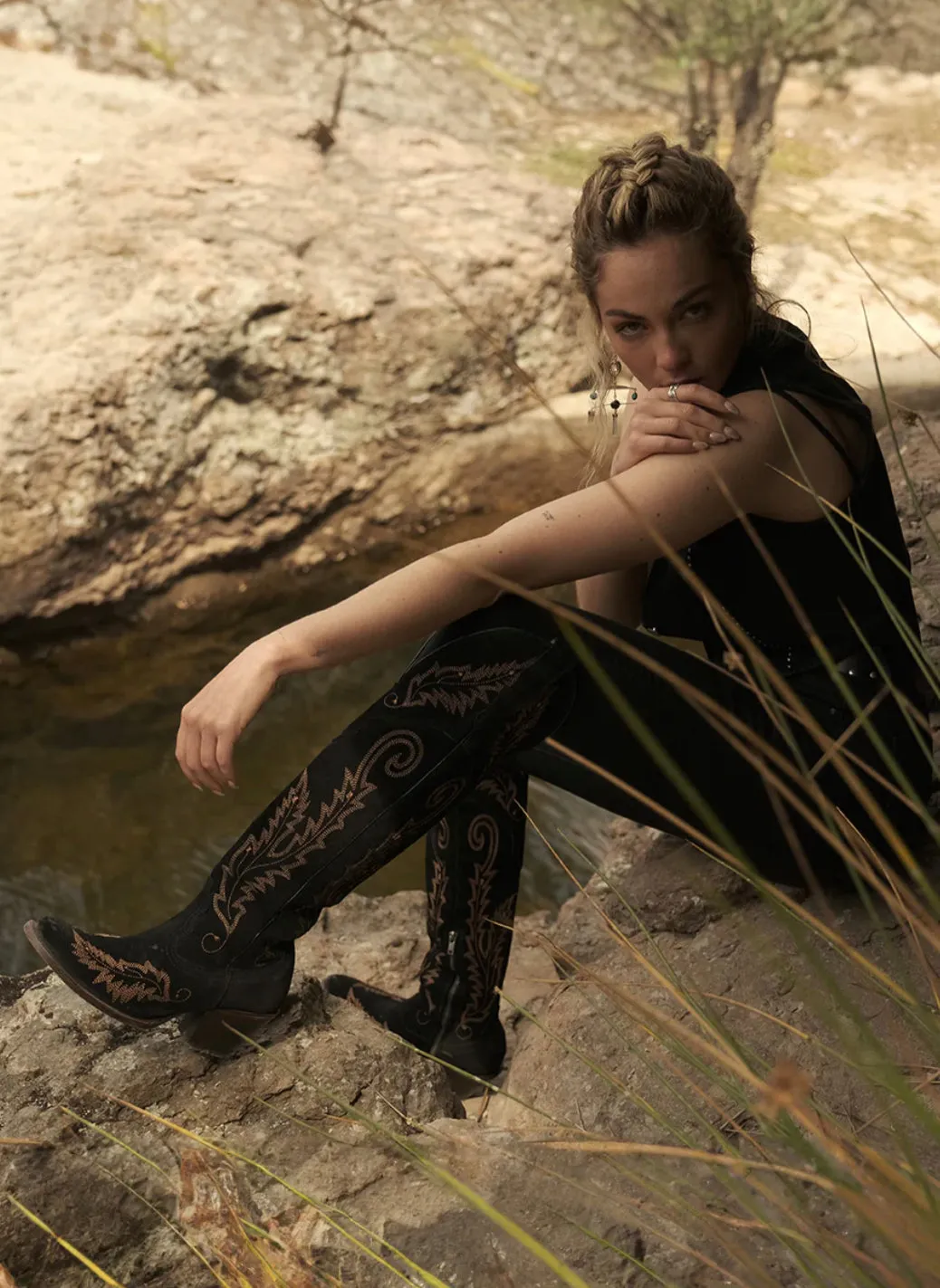 Corral Black Suede Embroidery Tall Boots A4404