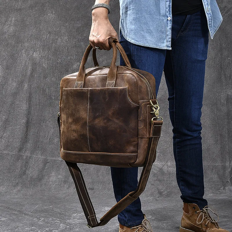 Crazy Horse Leather Large Briefcase Men Tote Bag Vintage Shoulder Messenger Bag