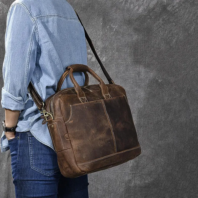 Crazy Horse Leather Large Briefcase Men Tote Bag Vintage Shoulder Messenger Bag