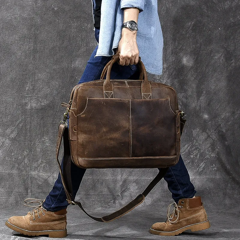 Crazy Horse Leather Large Briefcase Men Tote Bag Vintage Shoulder Messenger Bag
