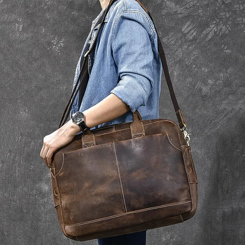 Crazy Horse Leather Large Briefcase Men Tote Bag Vintage Shoulder Messenger Bag