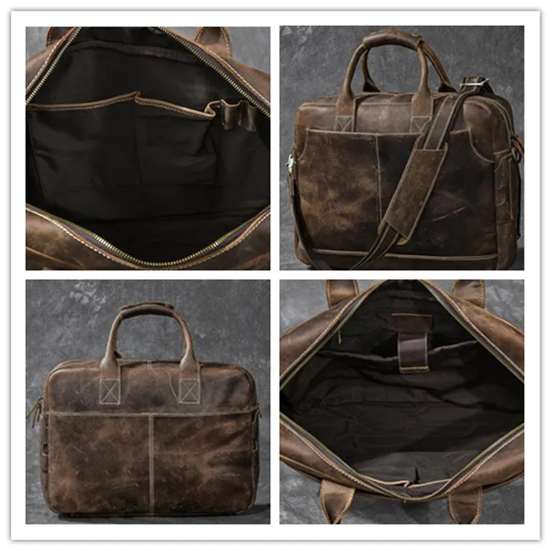 Crazy Horse Leather Large Briefcase Men Tote Bag Vintage Shoulder Messenger Bag