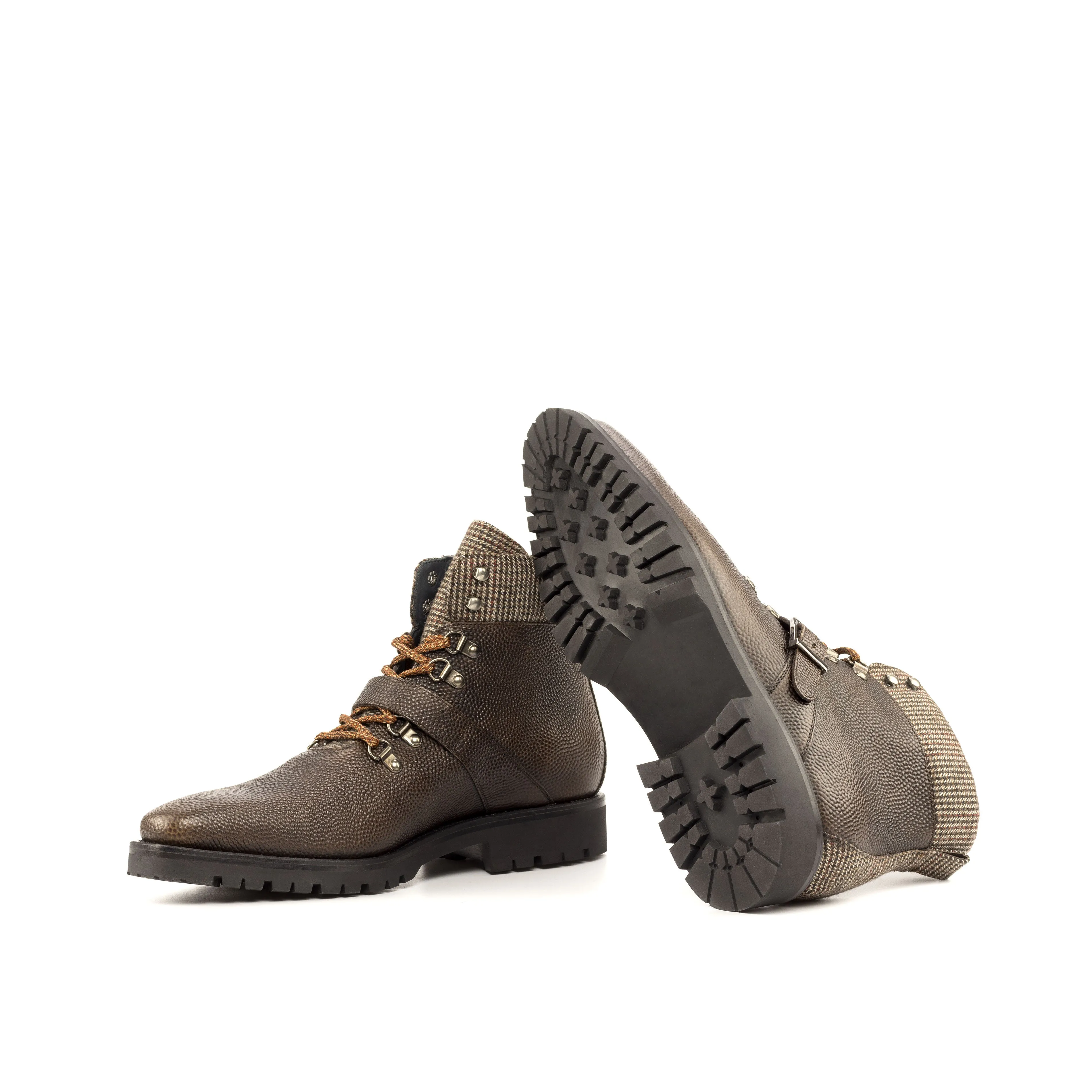 Dark Brown Pebble Grain & Tweed Fabric Hiking Boots