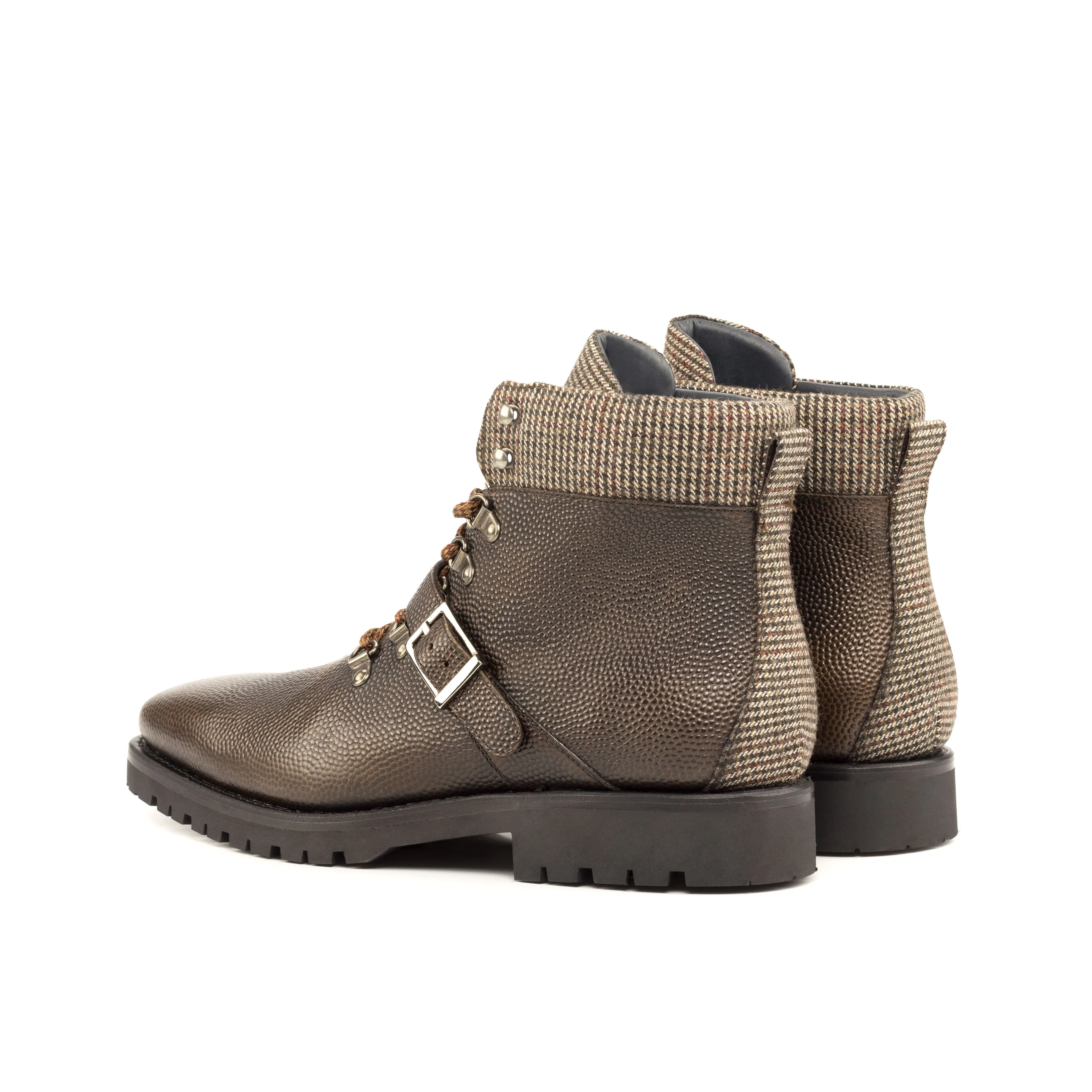 Dark Brown Pebble Grain & Tweed Fabric Hiking Boots