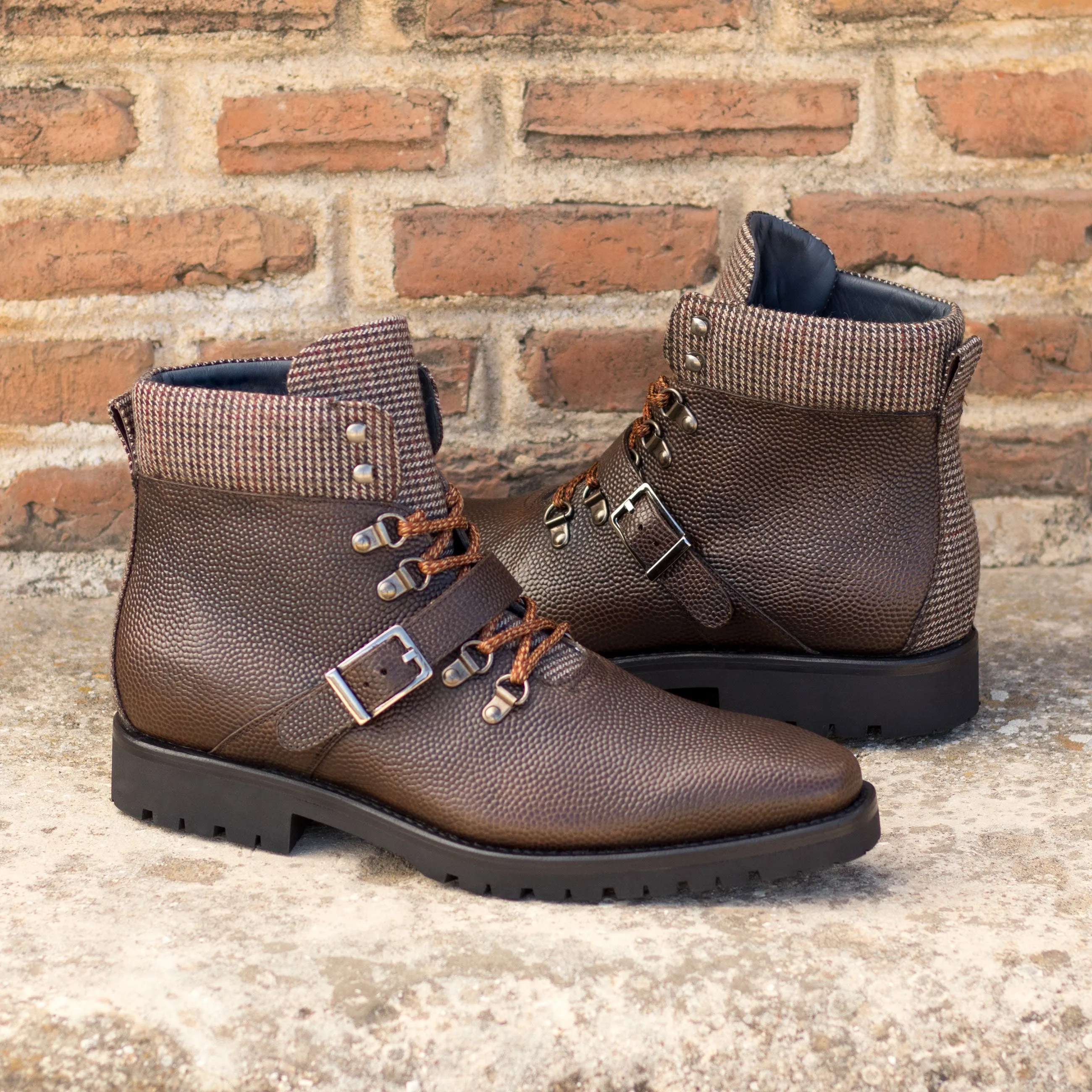 Dark Brown Pebble Grain & Tweed Fabric Hiking Boots