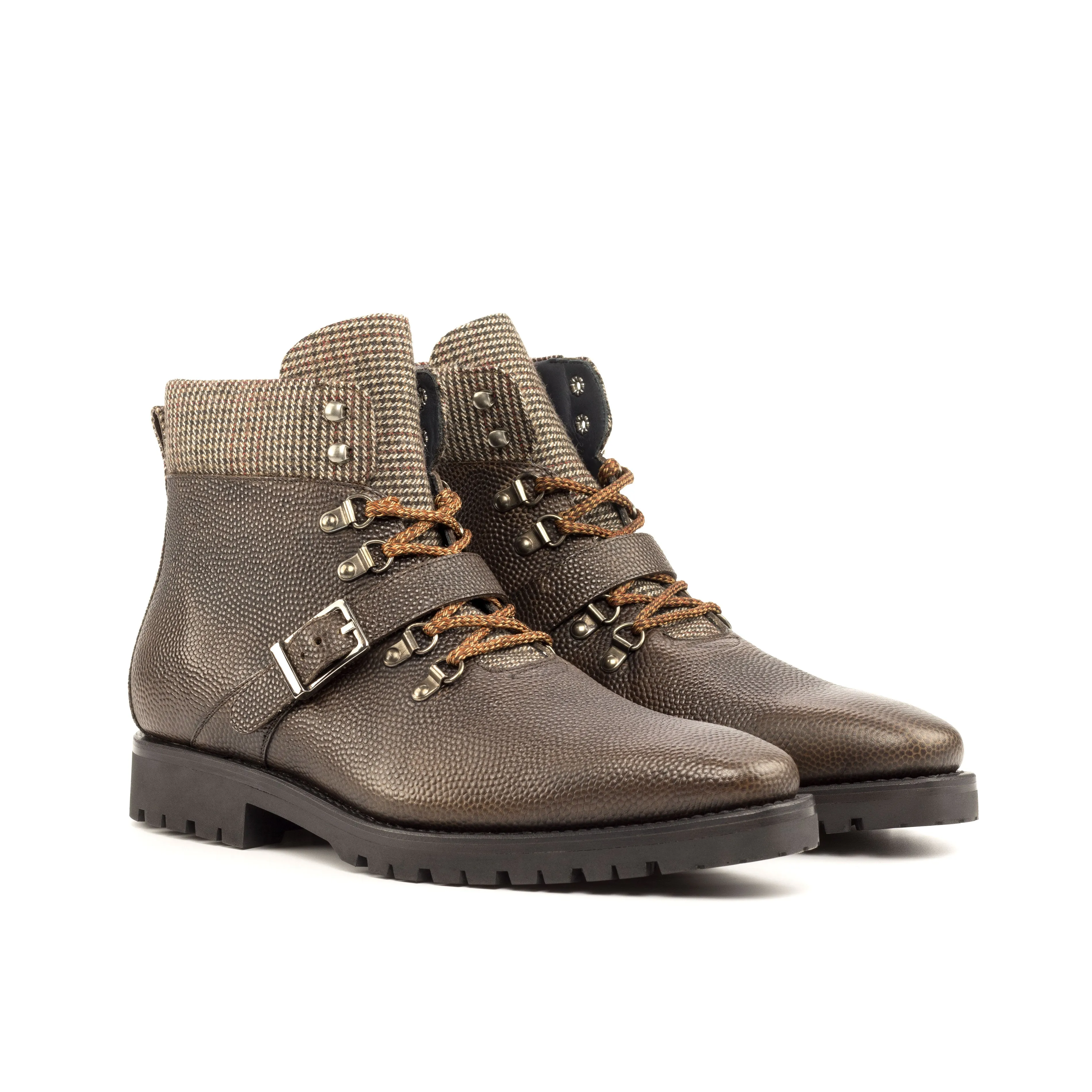 Dark Brown Pebble Grain & Tweed Fabric Hiking Boots