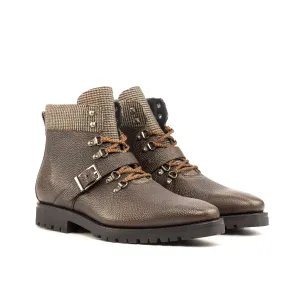Dark Brown Pebble Grain & Tweed Fabric Hiking Boots