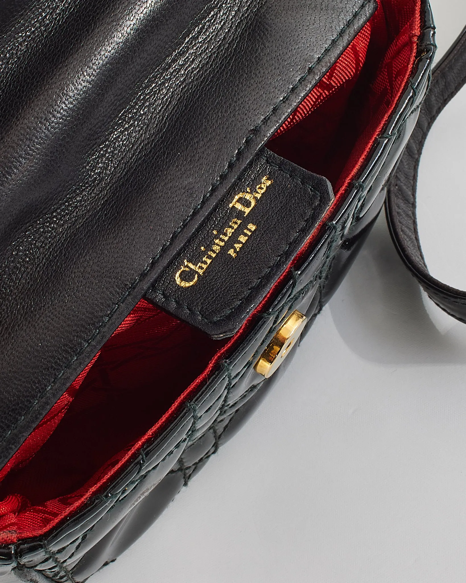 Dior Vintage Black Patent Small Lady Dior Voyageur Coin Purse on Strap