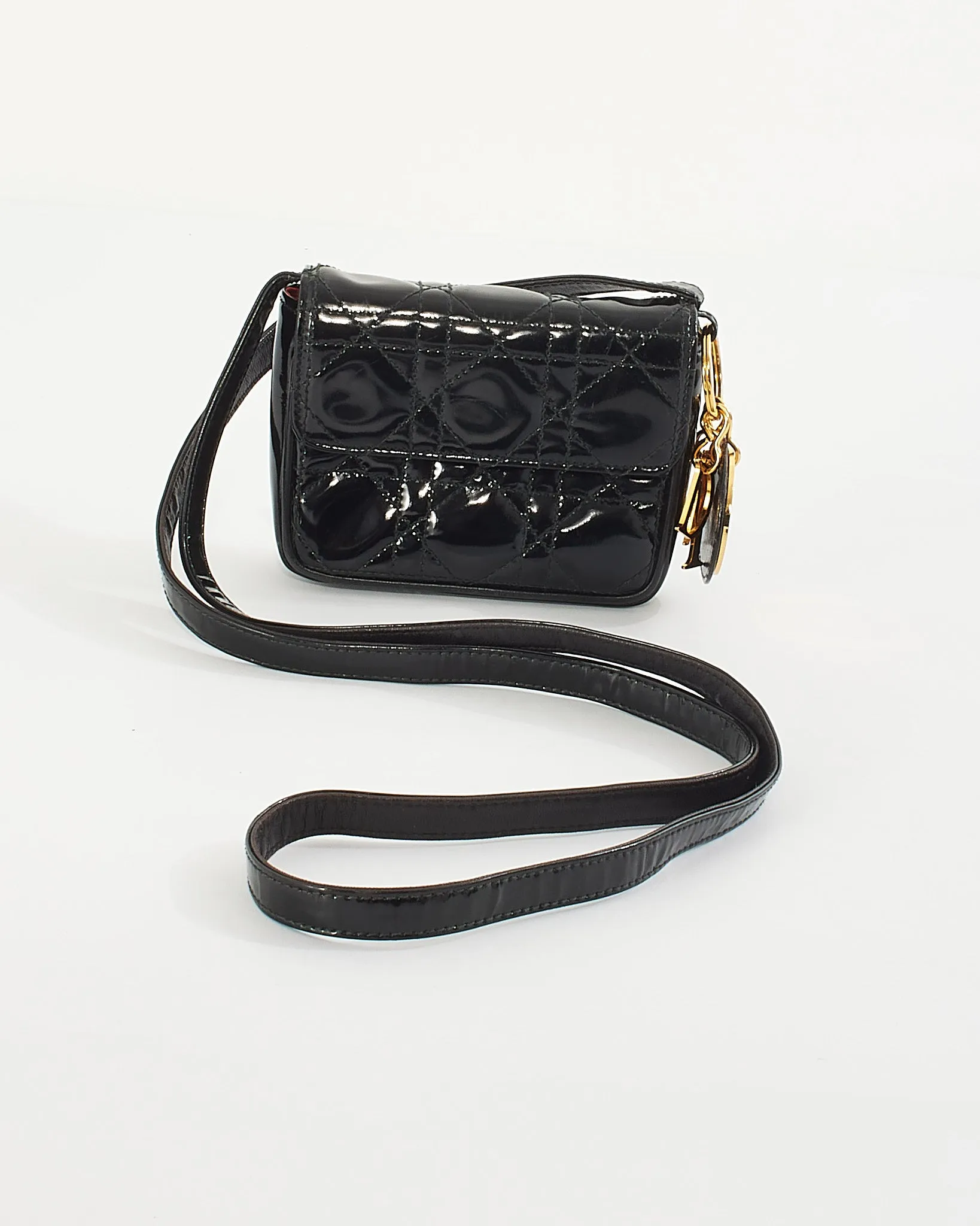 Dior Vintage Black Patent Small Lady Dior Voyageur Coin Purse on Strap