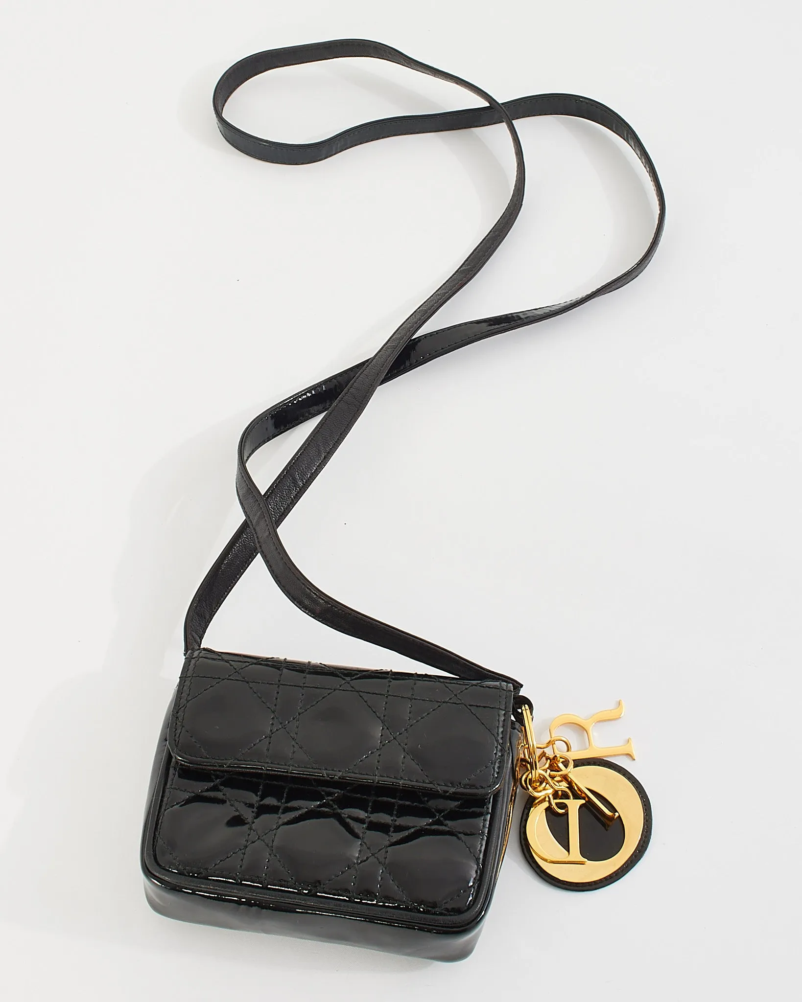 Dior Vintage Black Patent Small Lady Dior Voyageur Coin Purse on Strap
